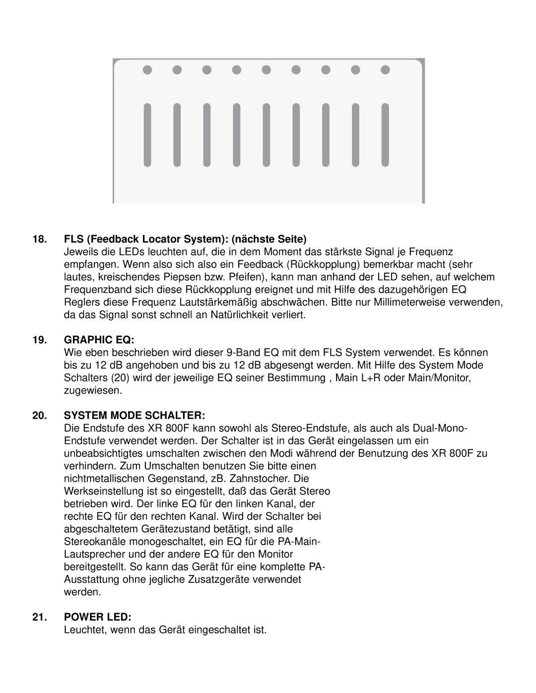 Peavey XR 800F manual FLS Feedback Locator System nächste Seite, Graphic EQ, System Mode Schalter 