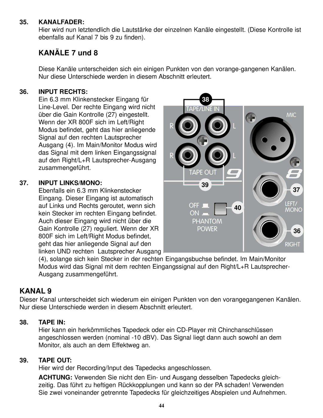 Peavey XR 800F manual Kanäle 7 und, Kanalfader, Input Rechts, Input LINKS/MONO 