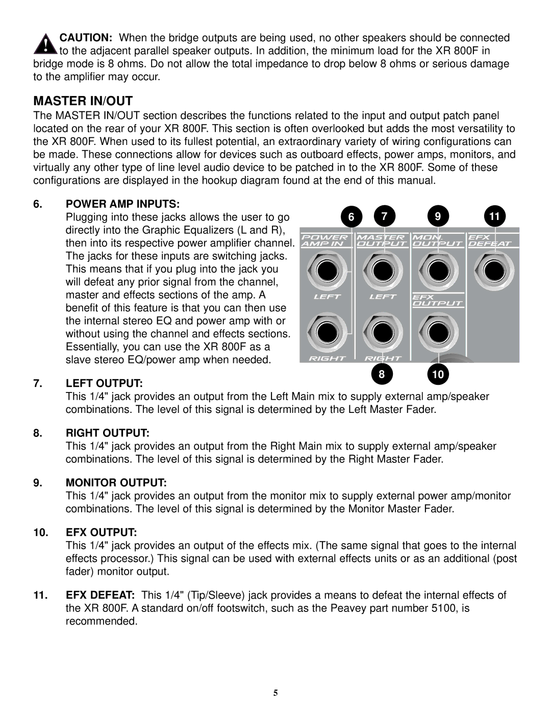 Peavey XR 800F manual Master IN/OUT 