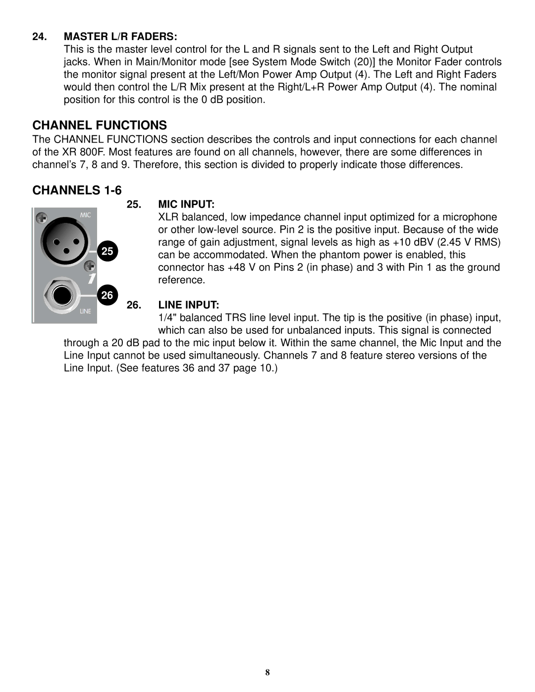 Peavey XR 800F manual Channels, Master L/R Faders 