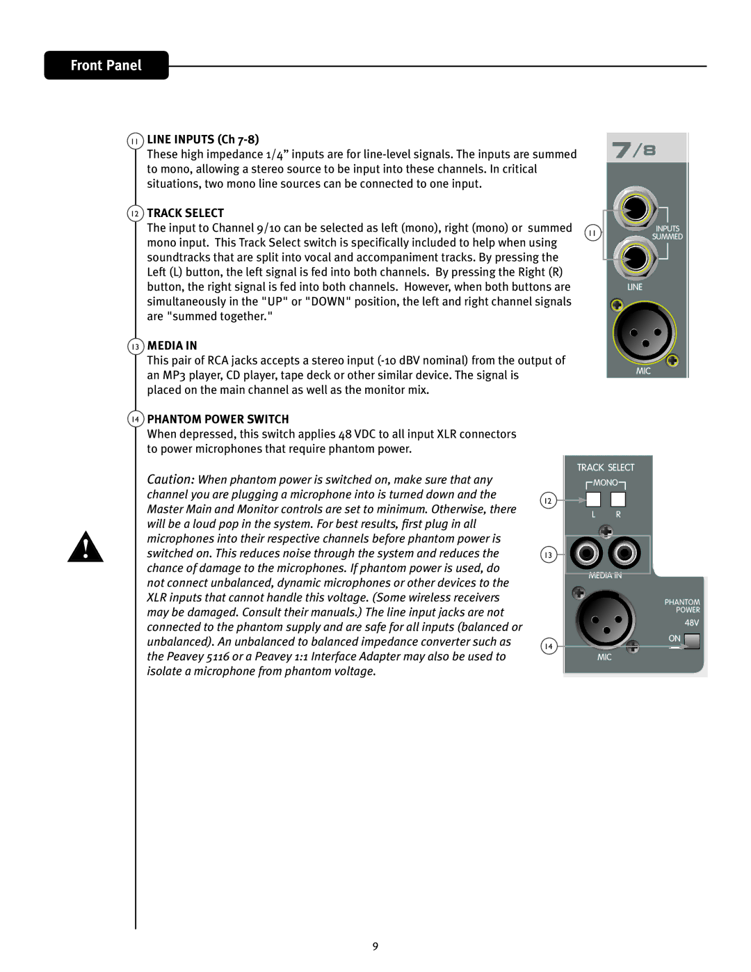 Peavey XR 8300, XR 8600 manual Line Inputs Ch, Track Select, Media, Phantom Power Switch 