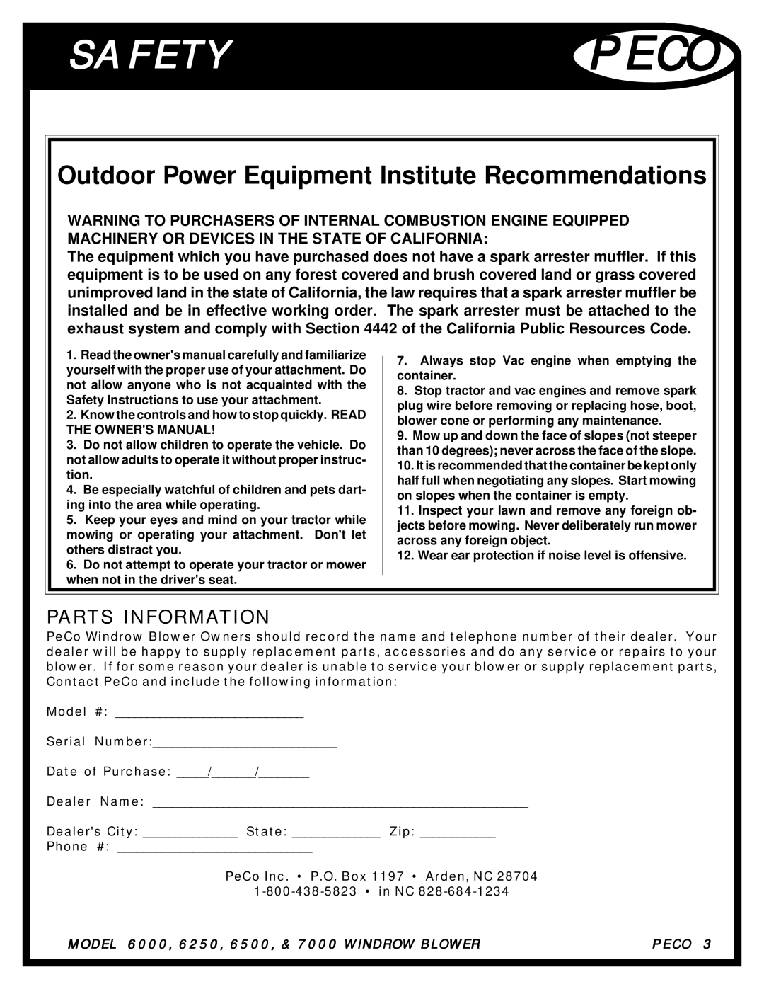 Pecoware 6000 manual Safetypeco, Outdoor Power Equipment Institute Recommendations 