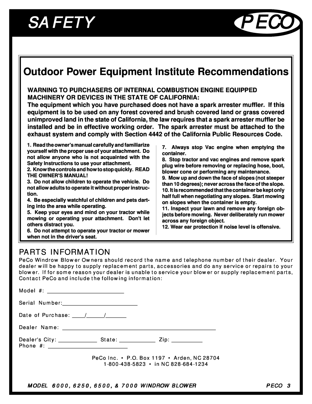 Pecoware 6000 manual Safetypeco, Outdoor Power Equipment Institute Recommendations, Parts Information 