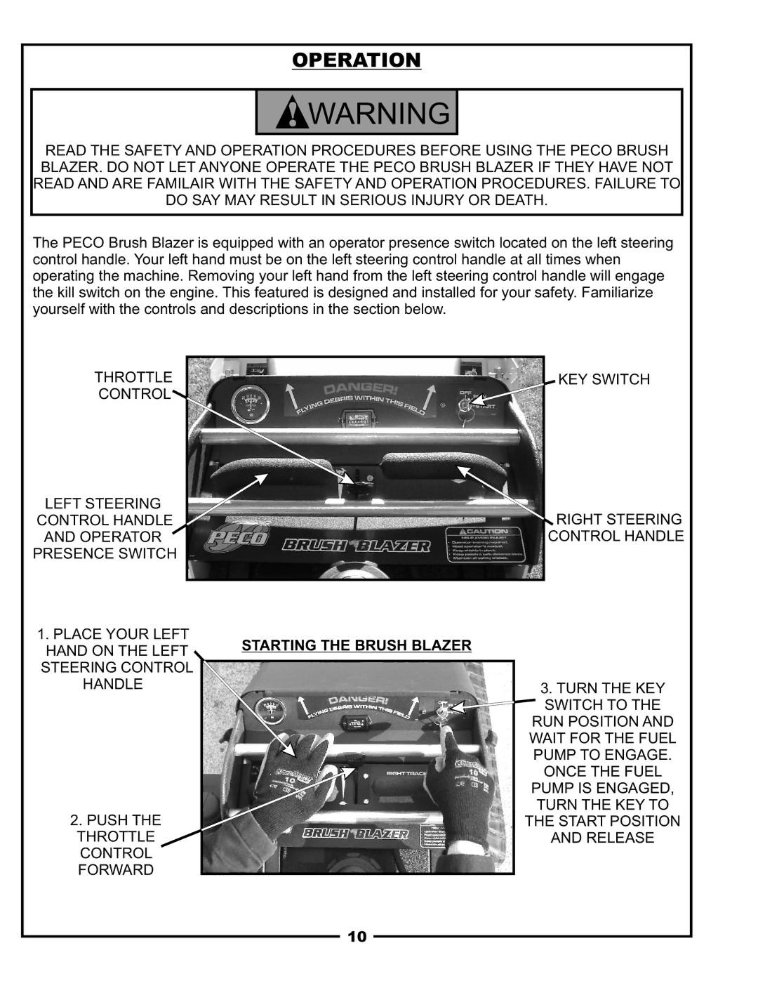 Pecoware TBB-3000 owner manual Operation, Starting the Brush Blazer 