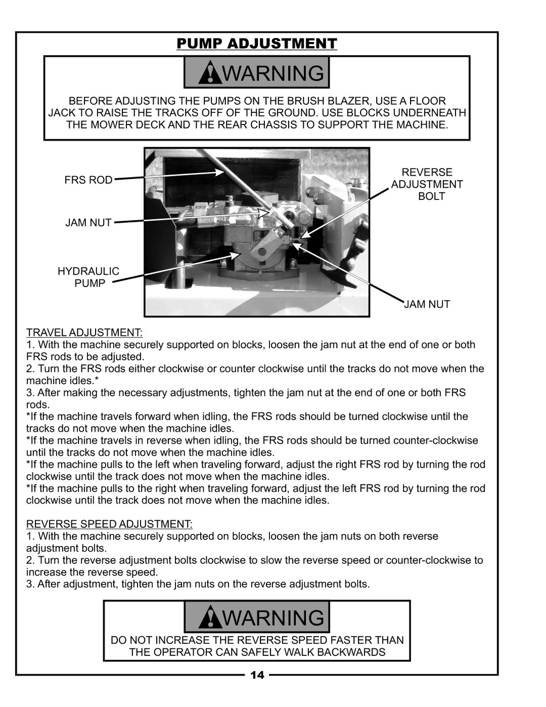 Pecoware TBB-3000 owner manual Pump Adjustment, Reverse Speed Adjustment 