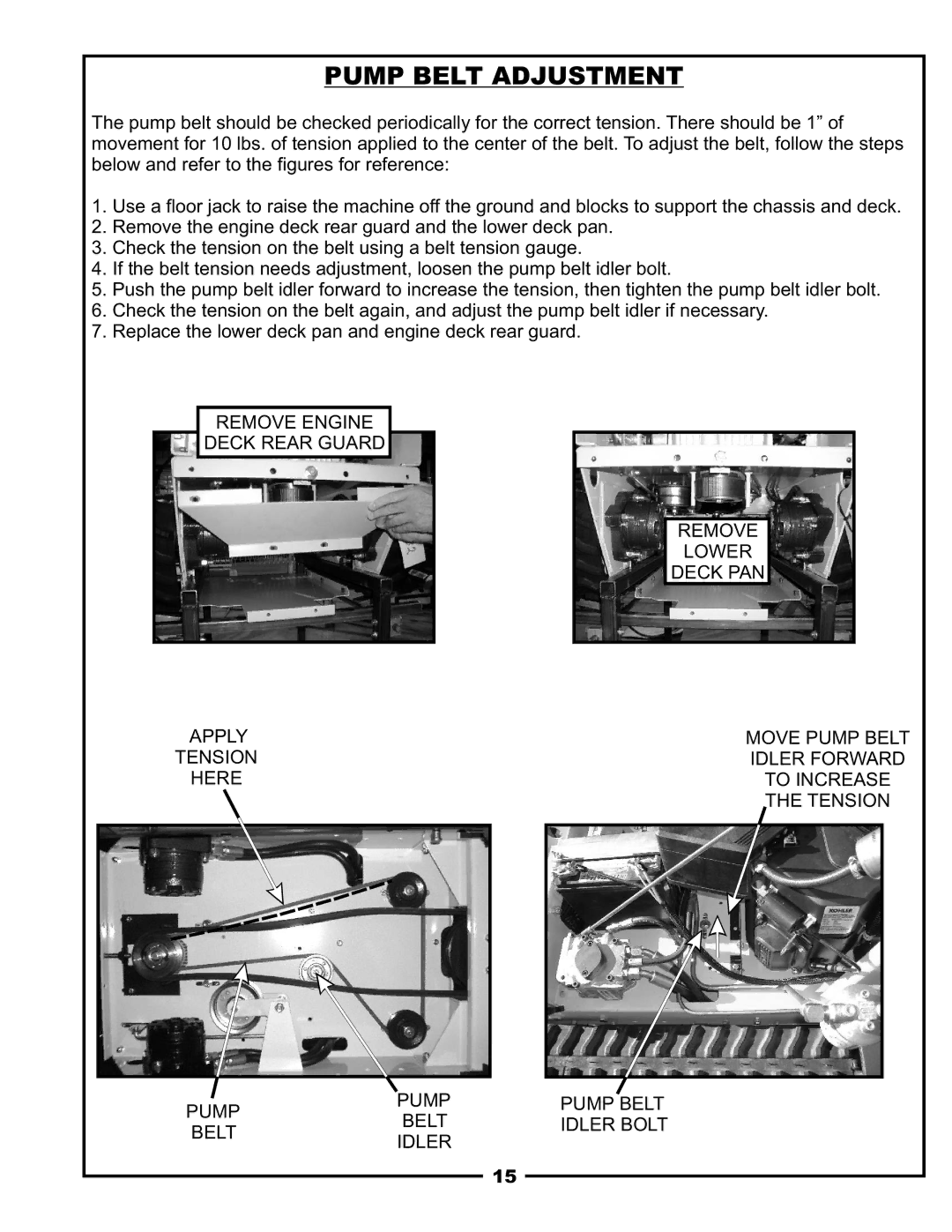 Pecoware TBB-3000 owner manual Pump Belt Adjustment, Idler Bolt 