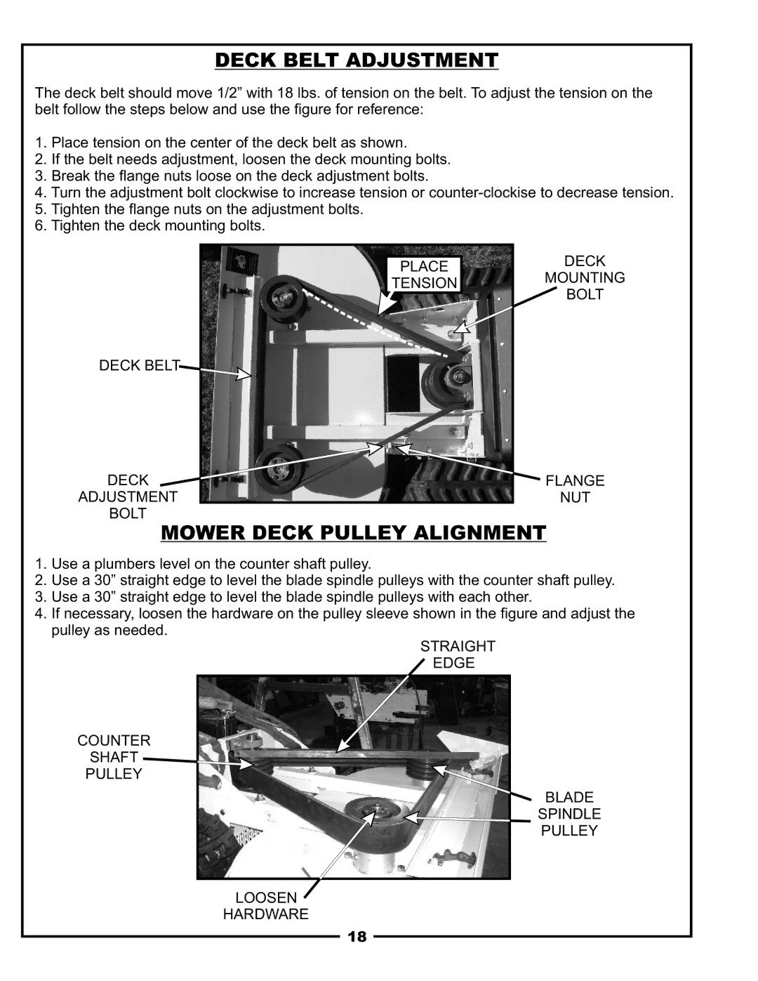 Pecoware TBB-3000 owner manual Deck Belt Adjustment, Mower Deck Pulley Alignment 