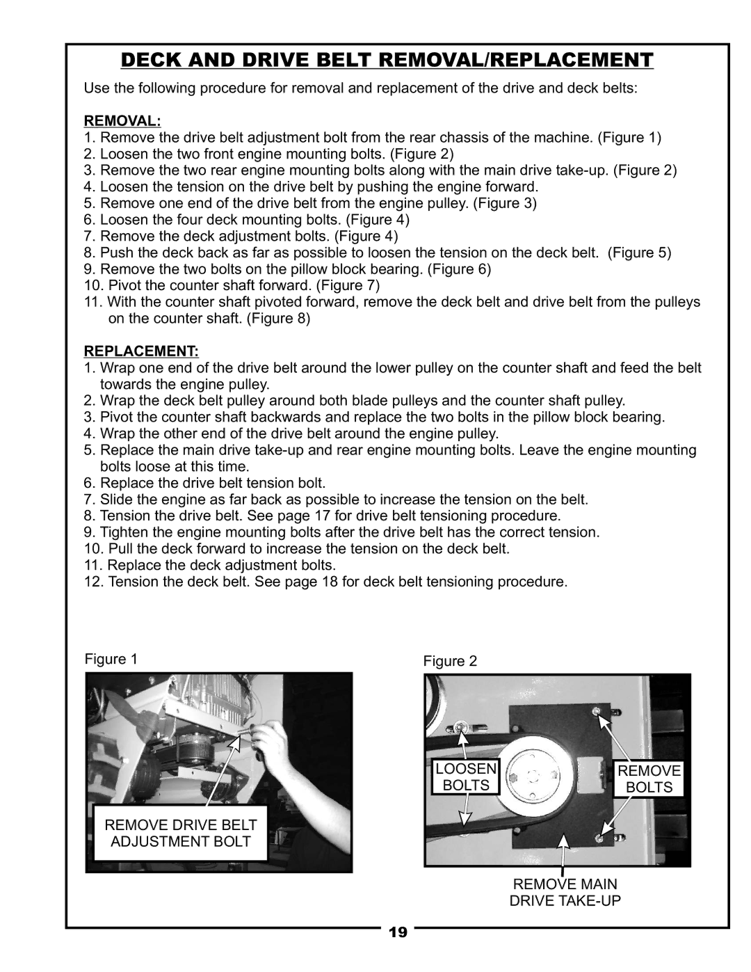 Pecoware TBB-3000 owner manual Deck and Drive Belt REMOVAL/REPLACEMENT, Removal, Replacement, Loosen Remove 