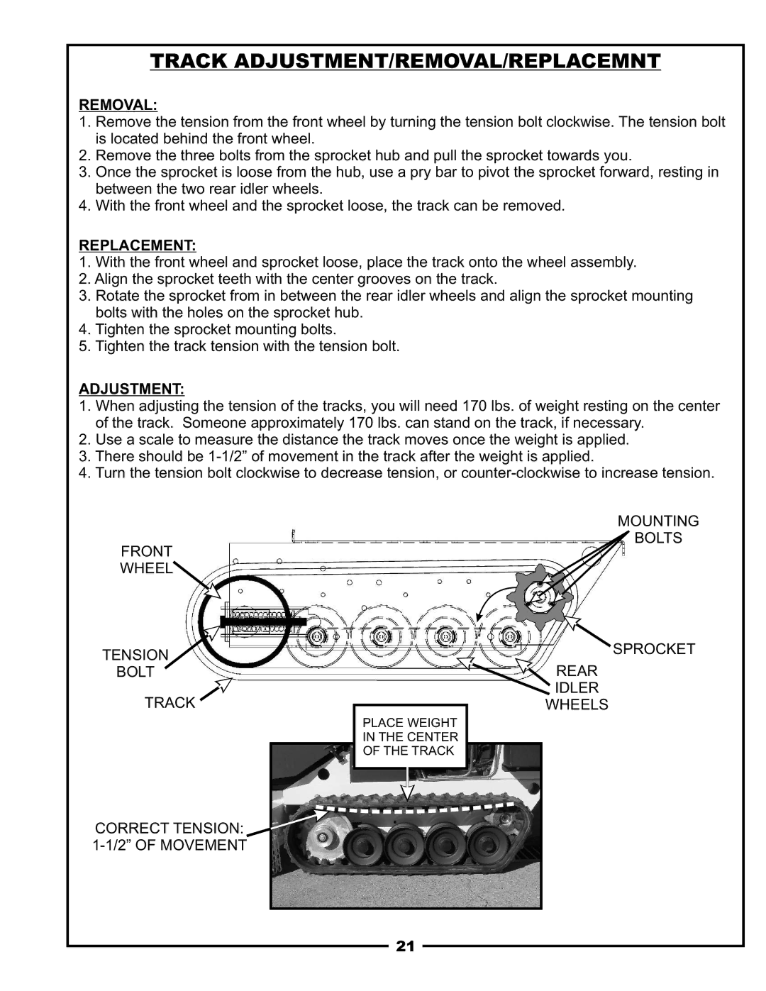 Pecoware TBB-3000 owner manual Track ADJUSTMENT/REMOVAL/REPLACEMNT, Adjustment, Correct Tension 1-1/2 of Movement 