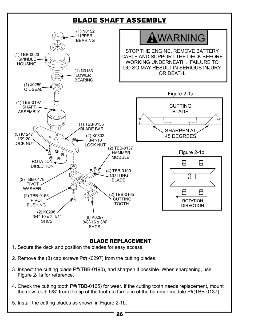 Pecoware TBB-3000 owner manual Blade Shaft Assembly, Loweror DEATH. Bearing Cutting, Degrees, Blade Replacement 