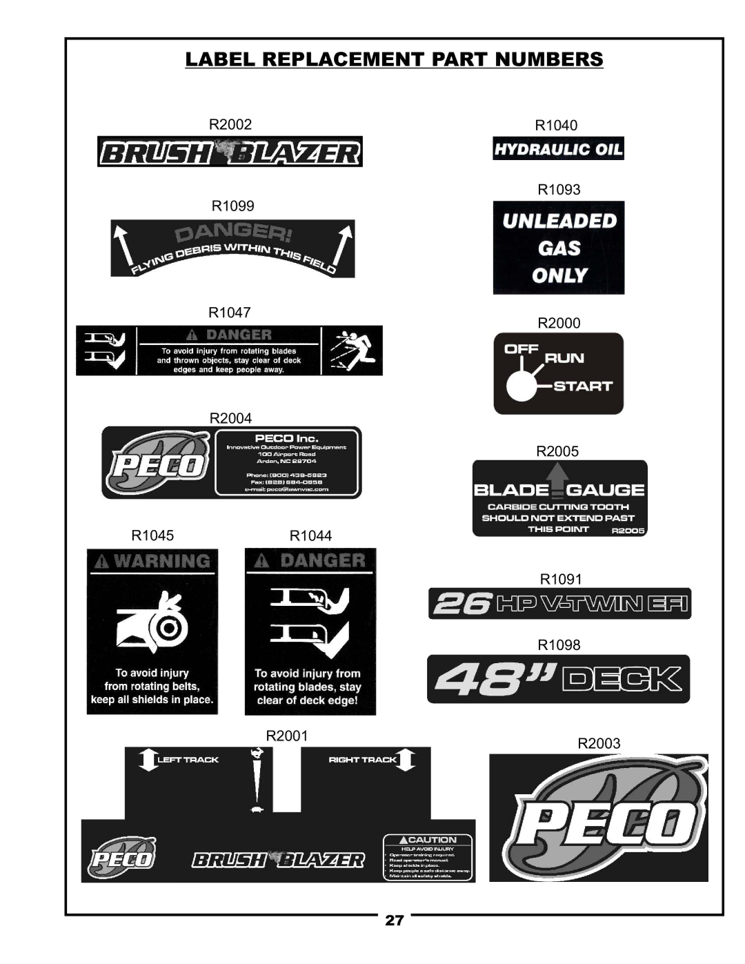 Pecoware TBB-3000 owner manual Label Replacement Part Numbers 