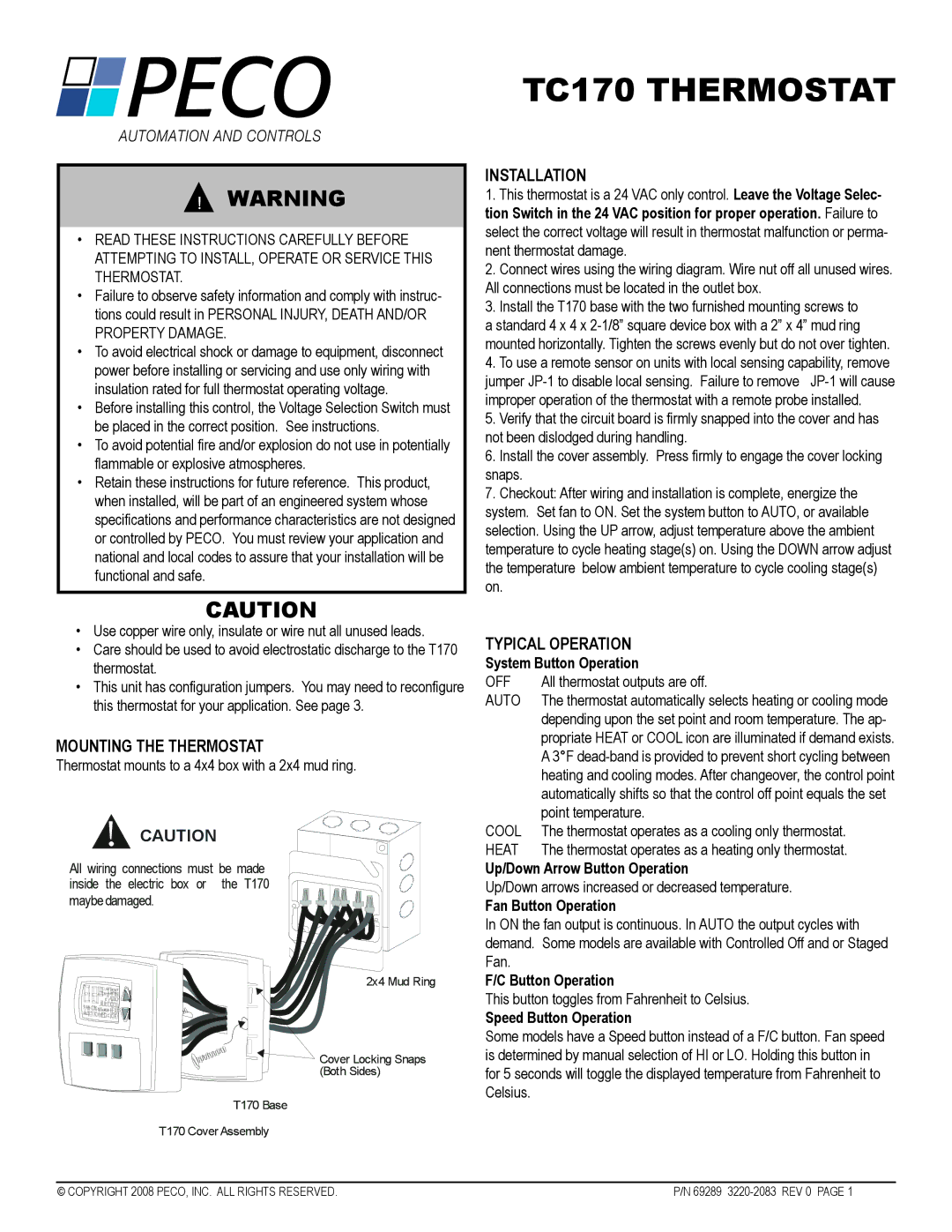 Pecoware TC170 manual Mounting the Thermostat, Installation, Typical Operation 