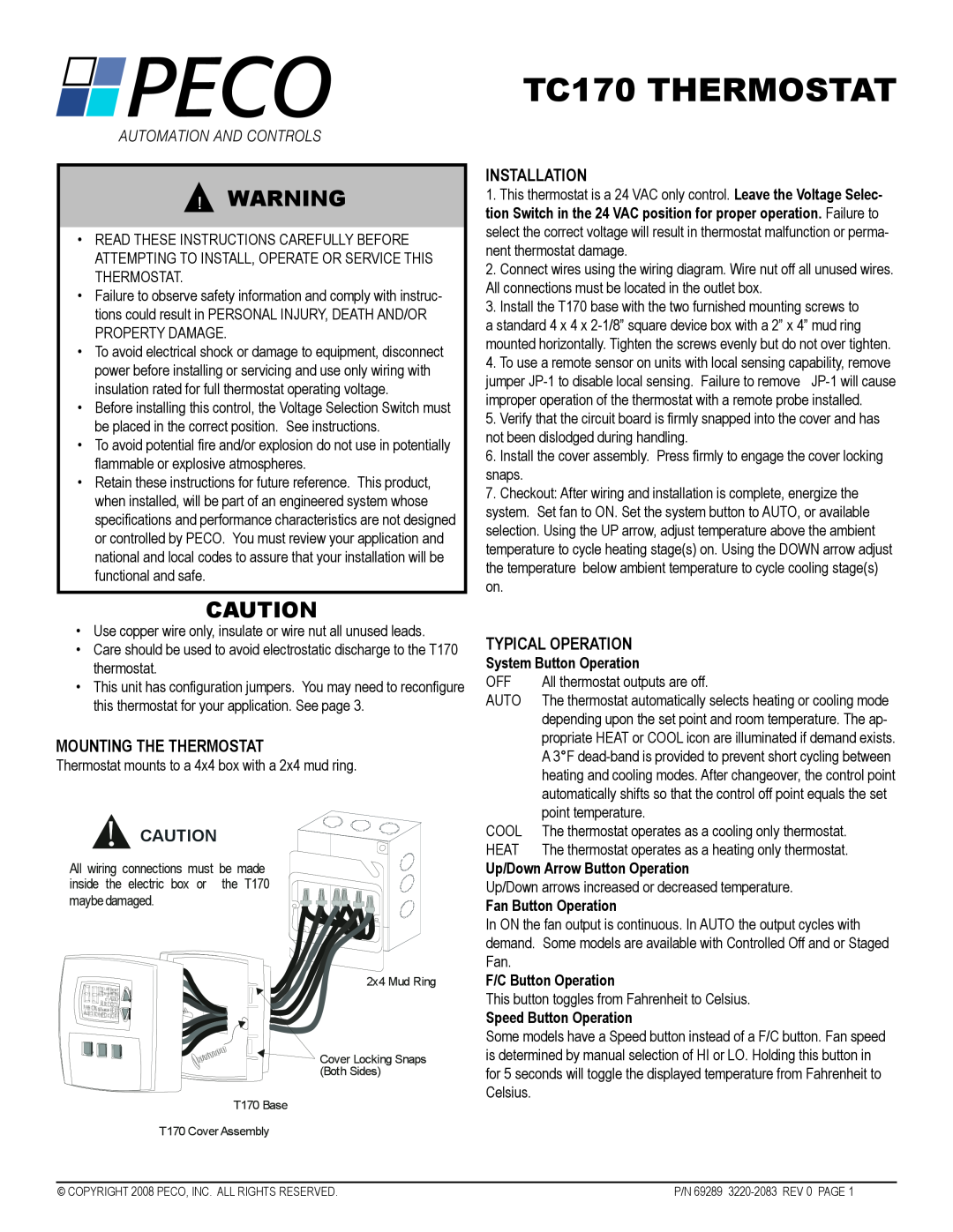 Pecoware manual Mounting The Thermostat, Installation, Typical Operation, System Button Operation, TC170 THERMOSTAT 