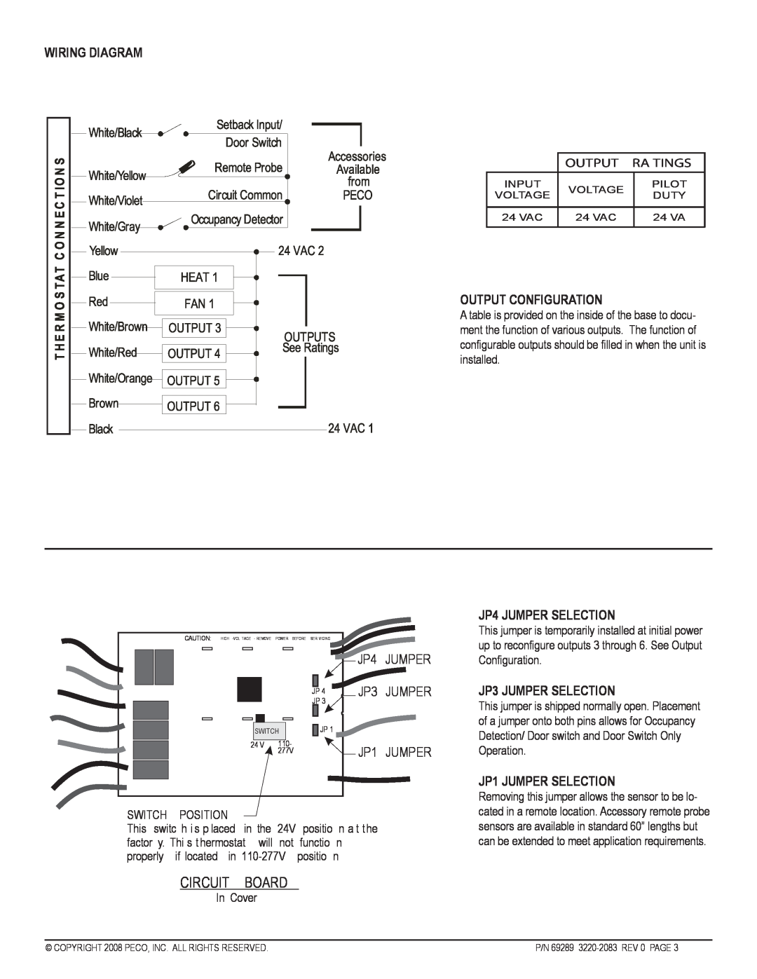 Pecoware TC170 Wiring Diagram, Output Configuration, JP4 JUMPER SELECTION, JP3 JUMPER SELECTION, JP1 JUMPER SELECTION 