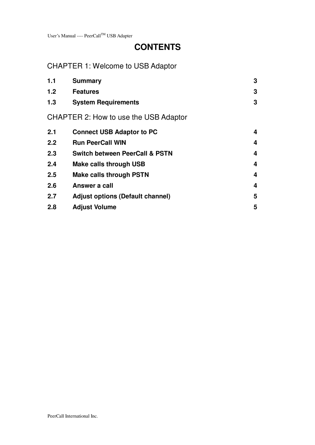 PeerCall USB Adaptor manual Contents 