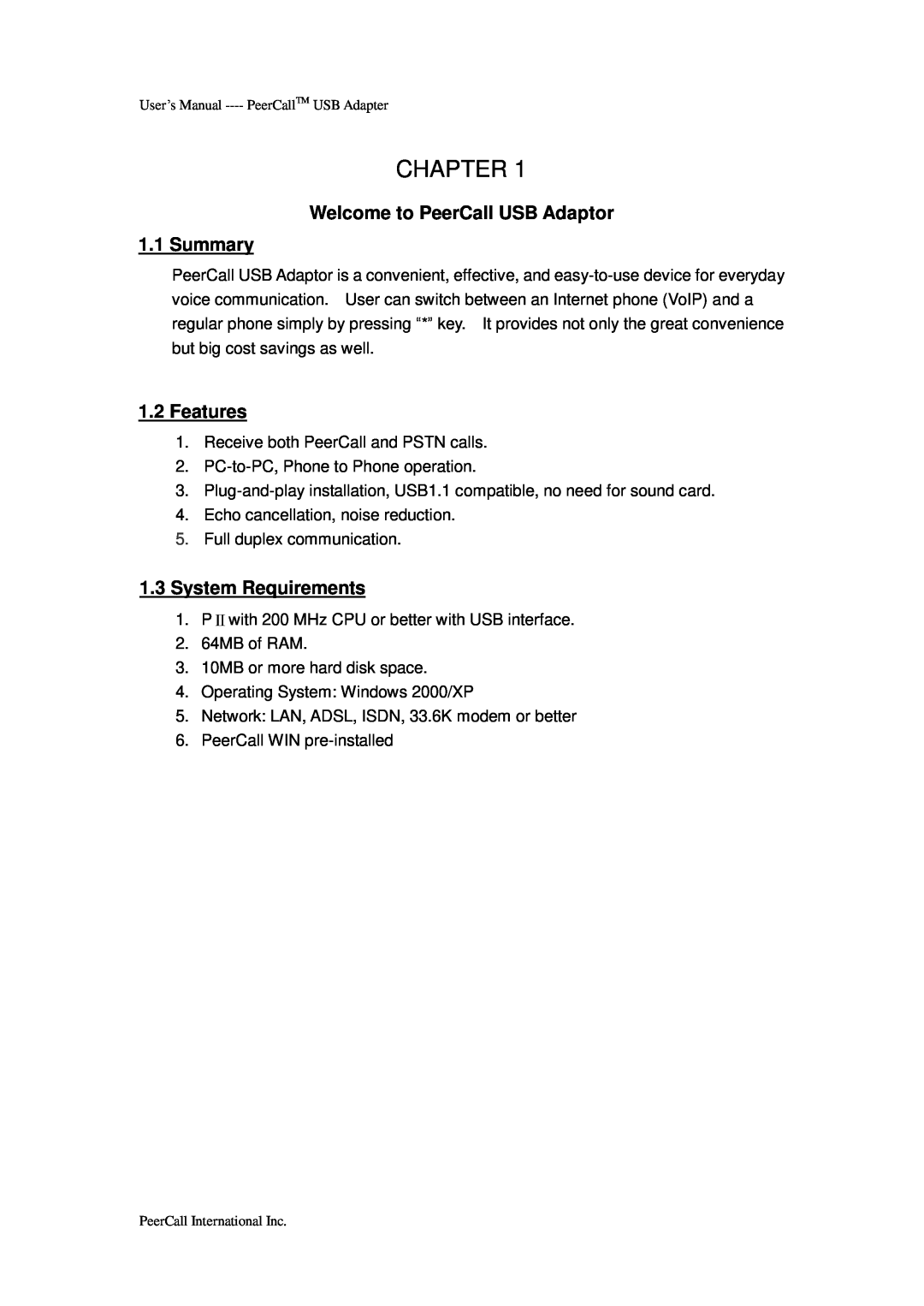 PeerCall manual Chapter, Welcome to PeerCall USB Adaptor 1.1 Summary, Features, System Requirements 