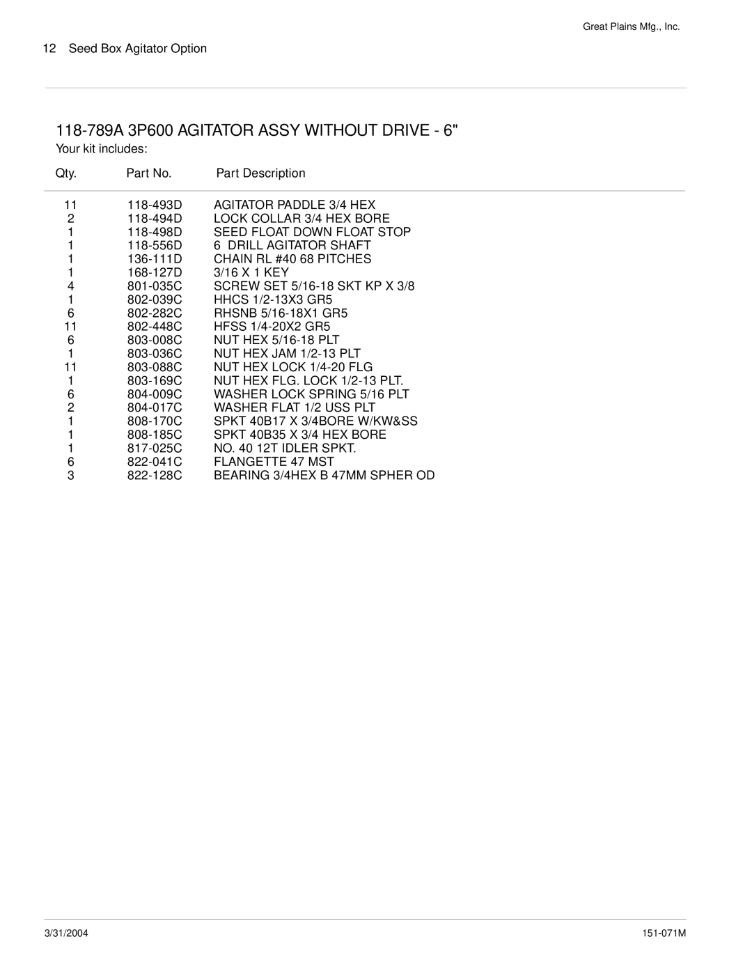 Peerless Industries 3P605NT, 151-071M installation instructions 118-789A 3P600 Agitator Assy Without Drive 