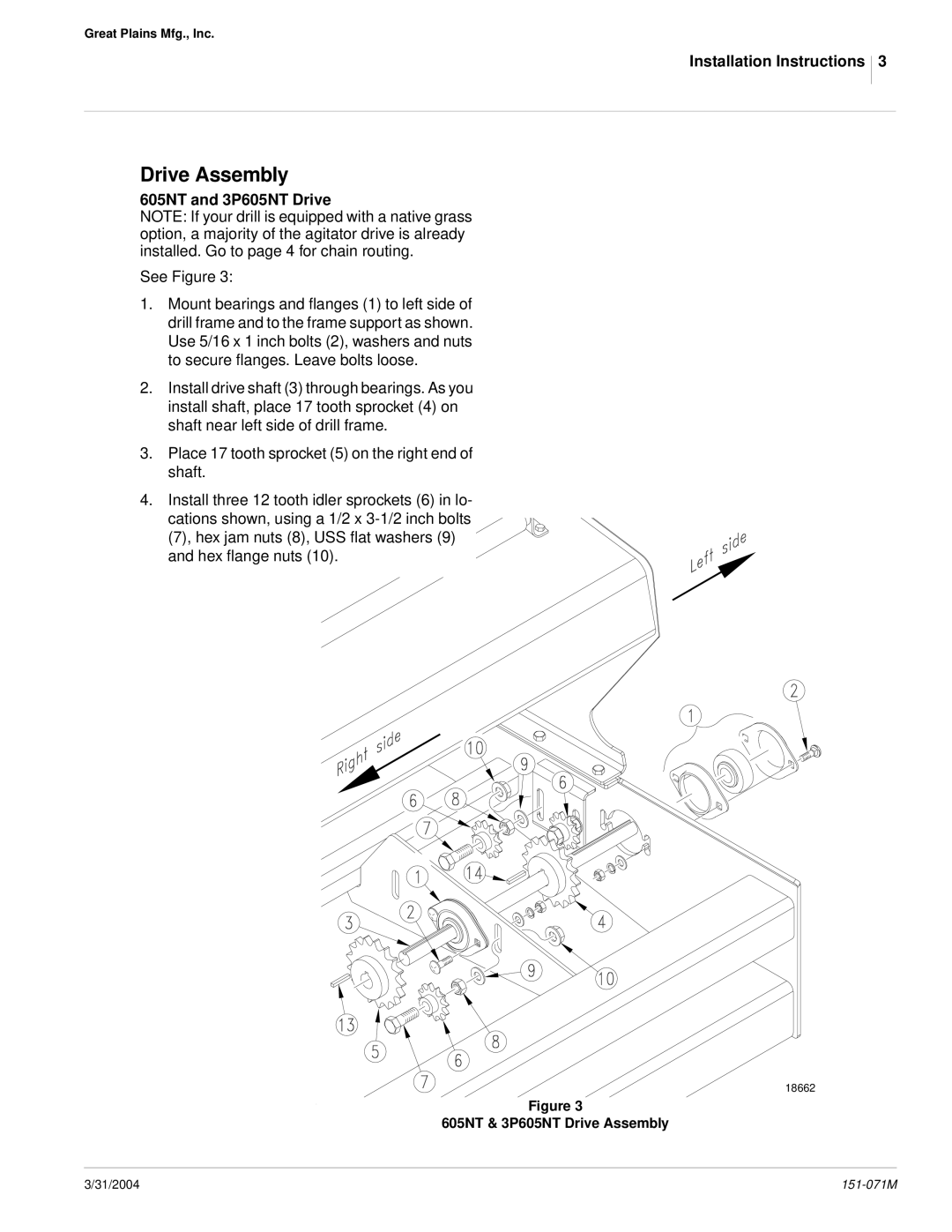 Peerless Industries 151-071M, 3P600 Drive Assembly, Installation Instructions, 605NT and 3P605NT Drive 