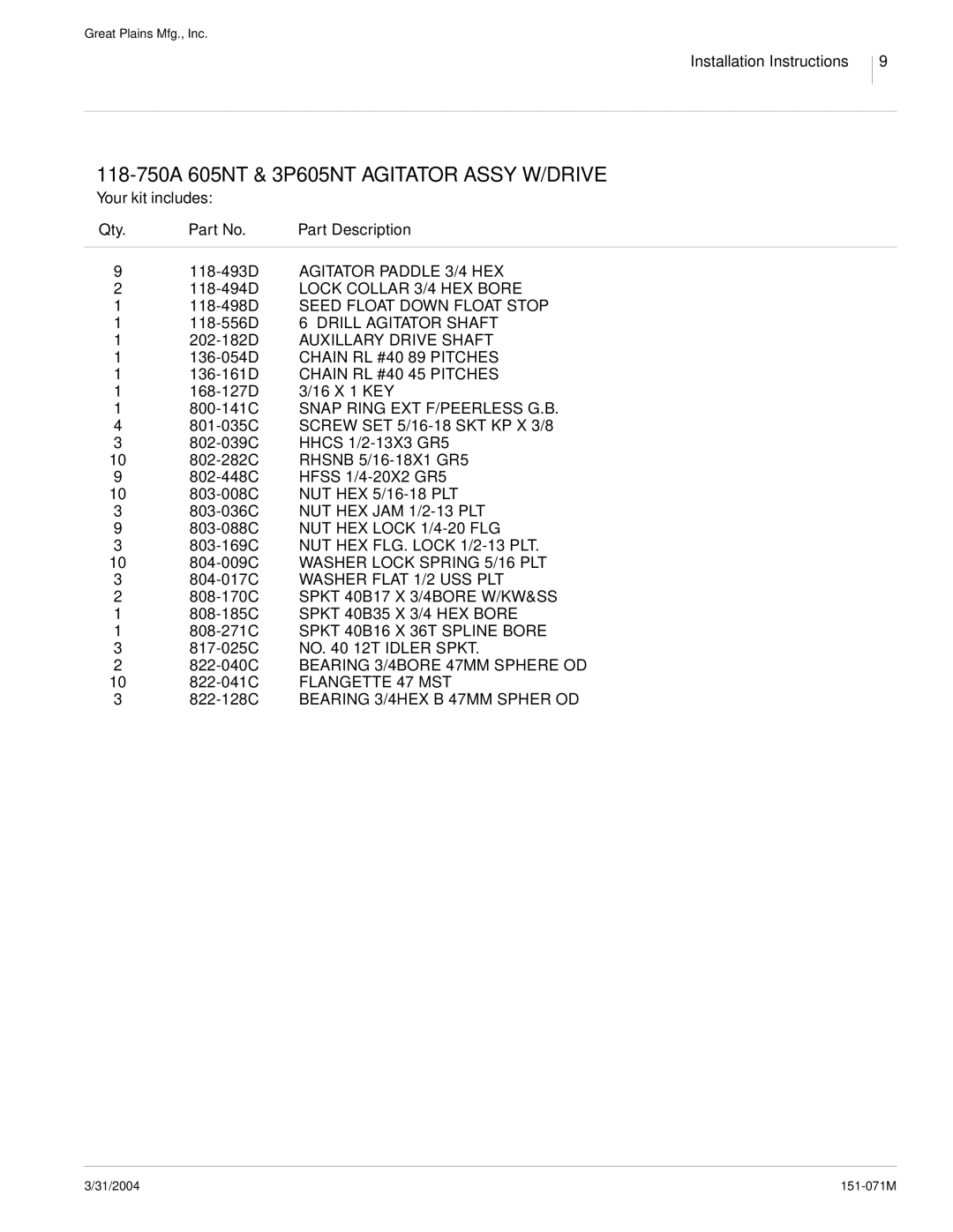 Peerless Industries 151-071M, 3P600 installation instructions 118-750A 605NT & 3P605NT Agitator Assy W/DRIVE 