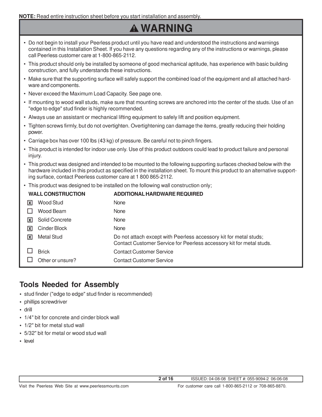 Peerless Industries A100IWBMOUNT manual Tools Needed for Assembly, Wall Construction Additional Hardware Required 