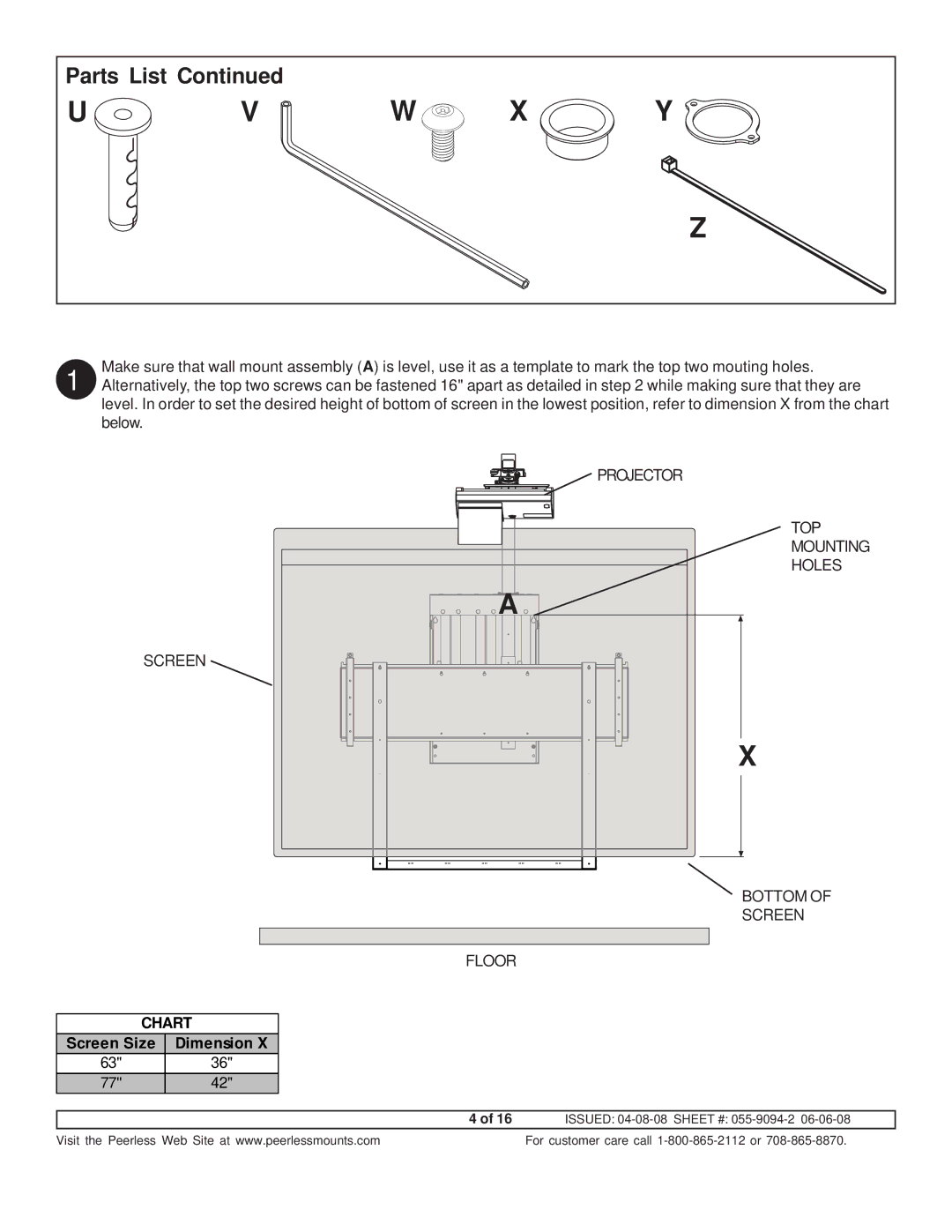 Peerless Industries A100IWBMOUNT manual Parts List, Chart 