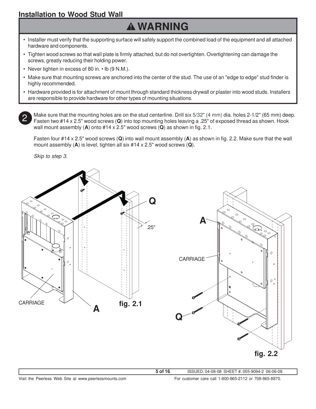 Peerless Industries A100IWBMOUNT manual Installation to Wood Stud Wall 