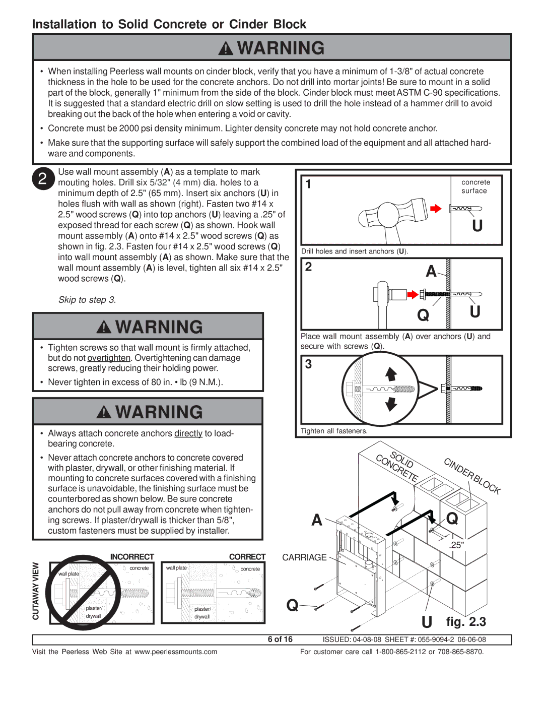 Peerless Industries A100IWBMOUNT manual Installation to Solid Concrete or Cinder Block 