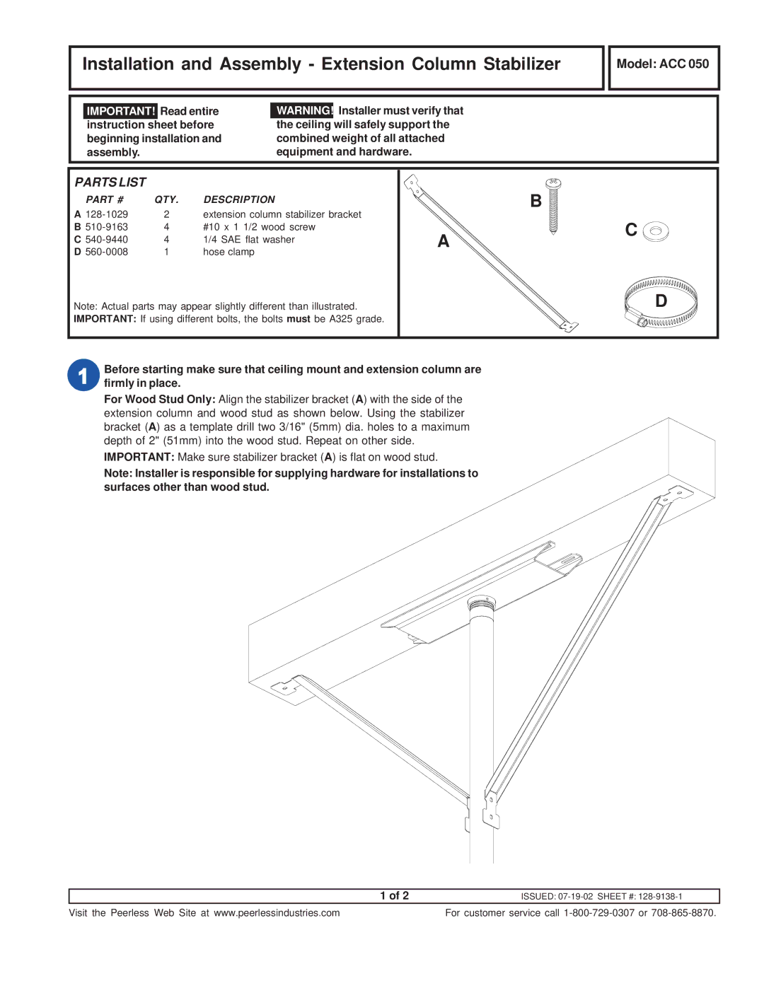 Peerless Industries ACC 050 instruction sheet Installation and Assembly Extension Column Stabilizer, Parts List 