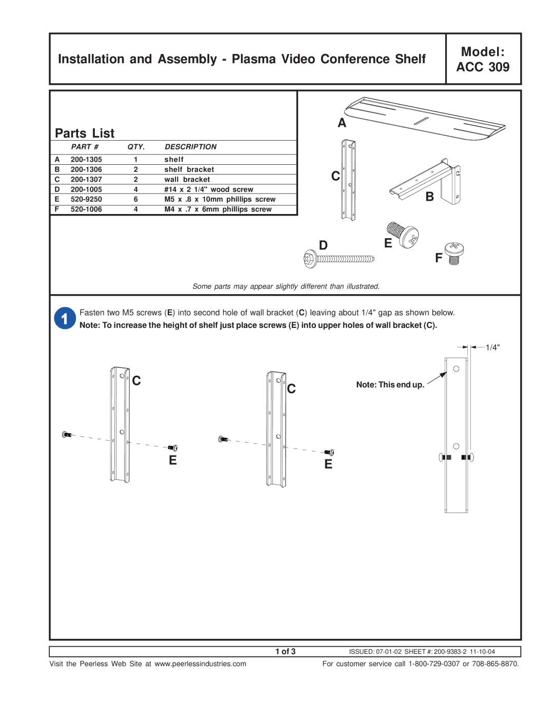 Peerless Industries ACC 309 manual QTY Description 