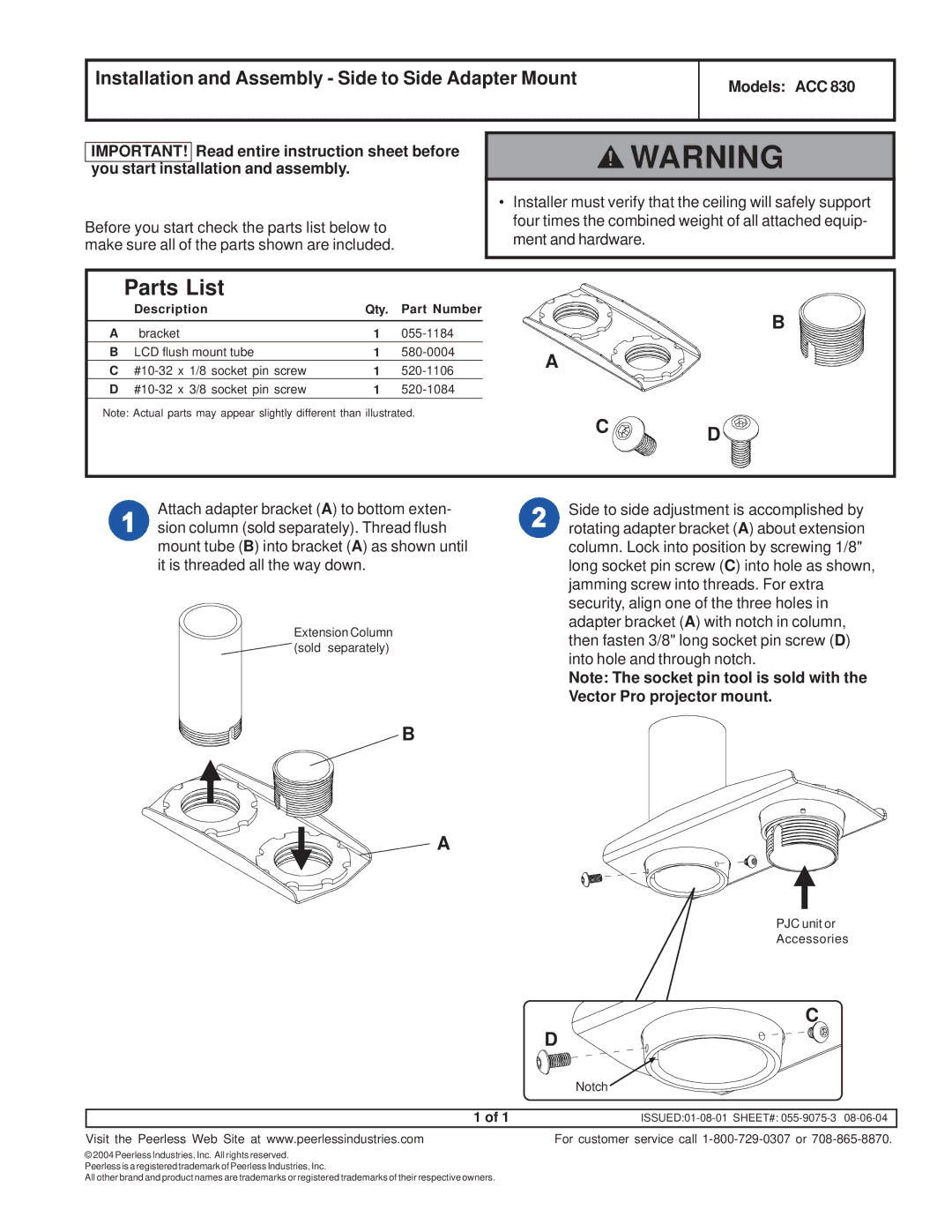 Peerless Industries ACC 830 instruction sheet Parts List, Installation and Assembly Side to Side Adapter Mount 