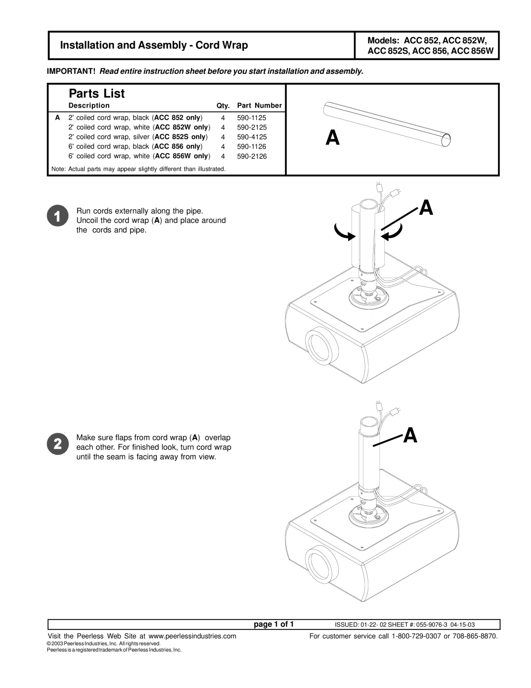 Peerless Industries ACC 852S, ACC 856W, ACC 852W instruction sheet Parts List, Installation and Assembly Cord Wrap 