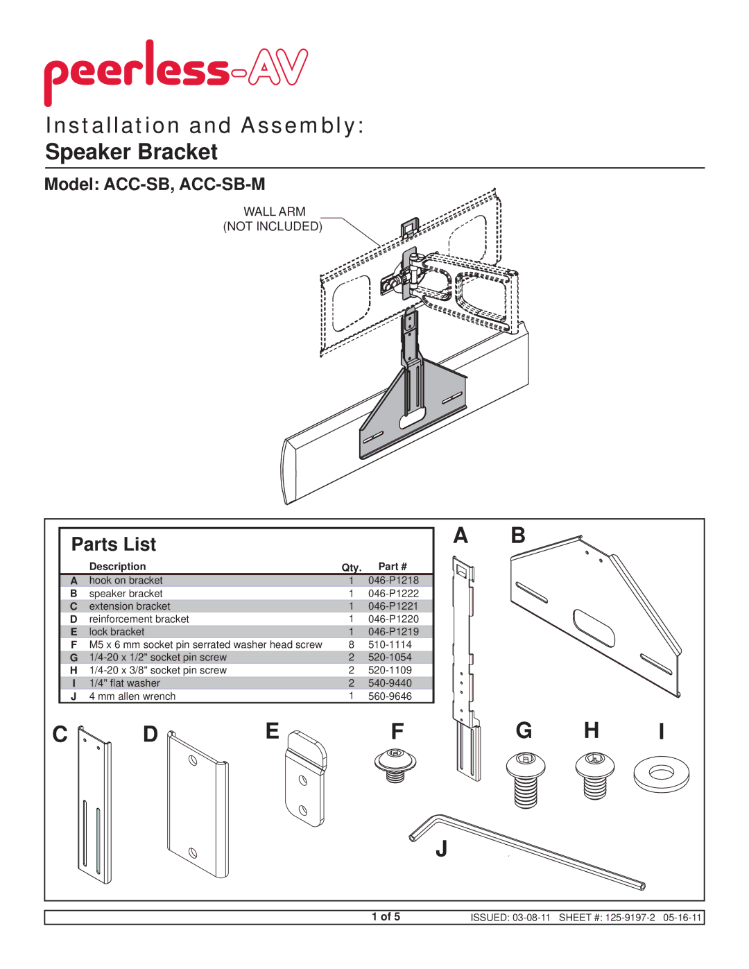 Peerless Industries ACC-SB-M manual Installation and Assembly Speaker Bracket, Wall ARM Not Included 