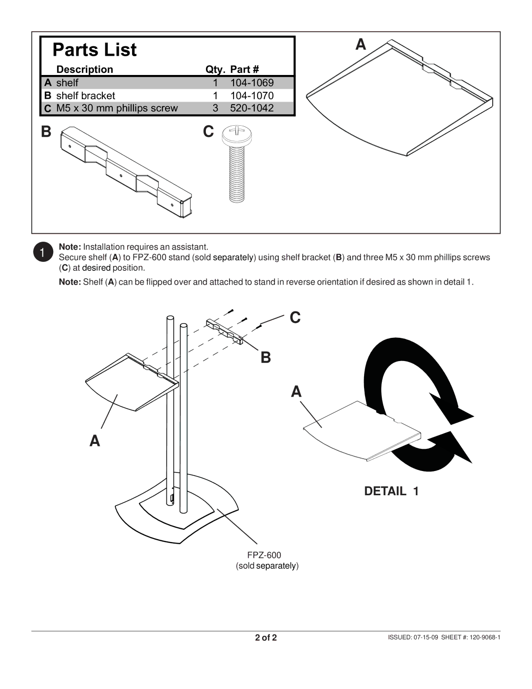 Peerless Industries ACC325 manual Parts List, Description Qty 