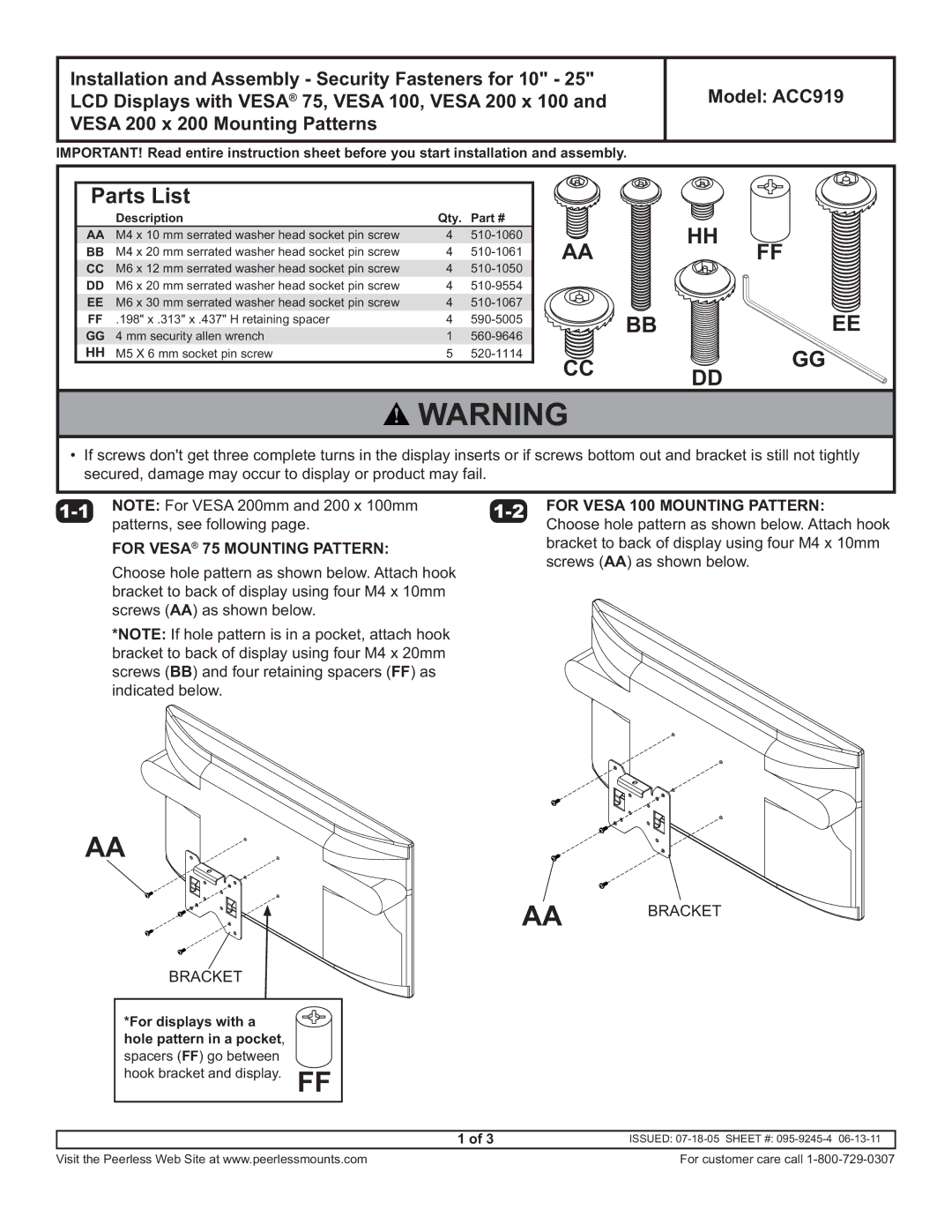 Peerless Industries ACC919 instruction sheet Parts List, For Vesa 100 Mounting Pattern, For Vesa 75 Mounting Pattern 