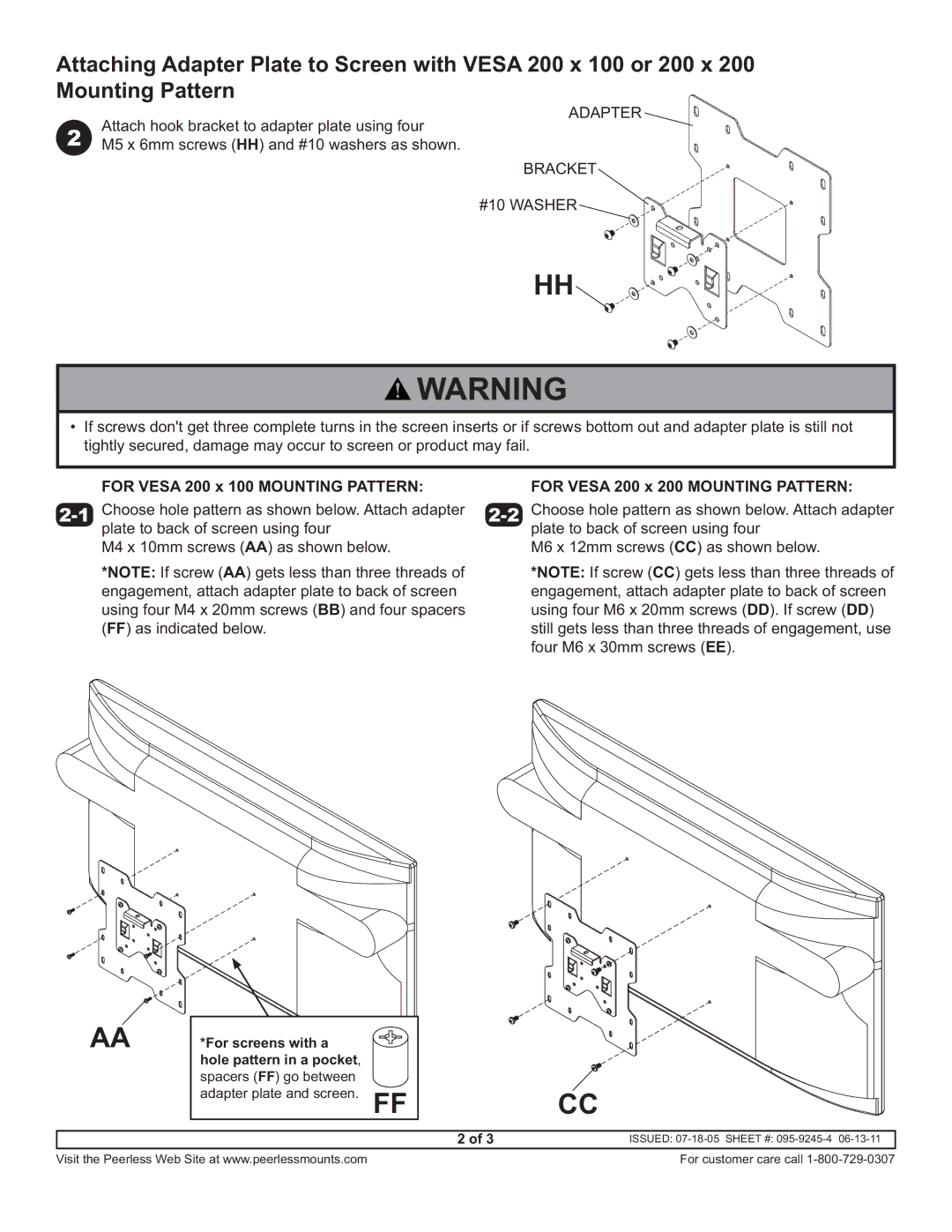 Peerless Industries ACC919 instruction sheet Mounting Pattern, Adapter, #10 Washer 