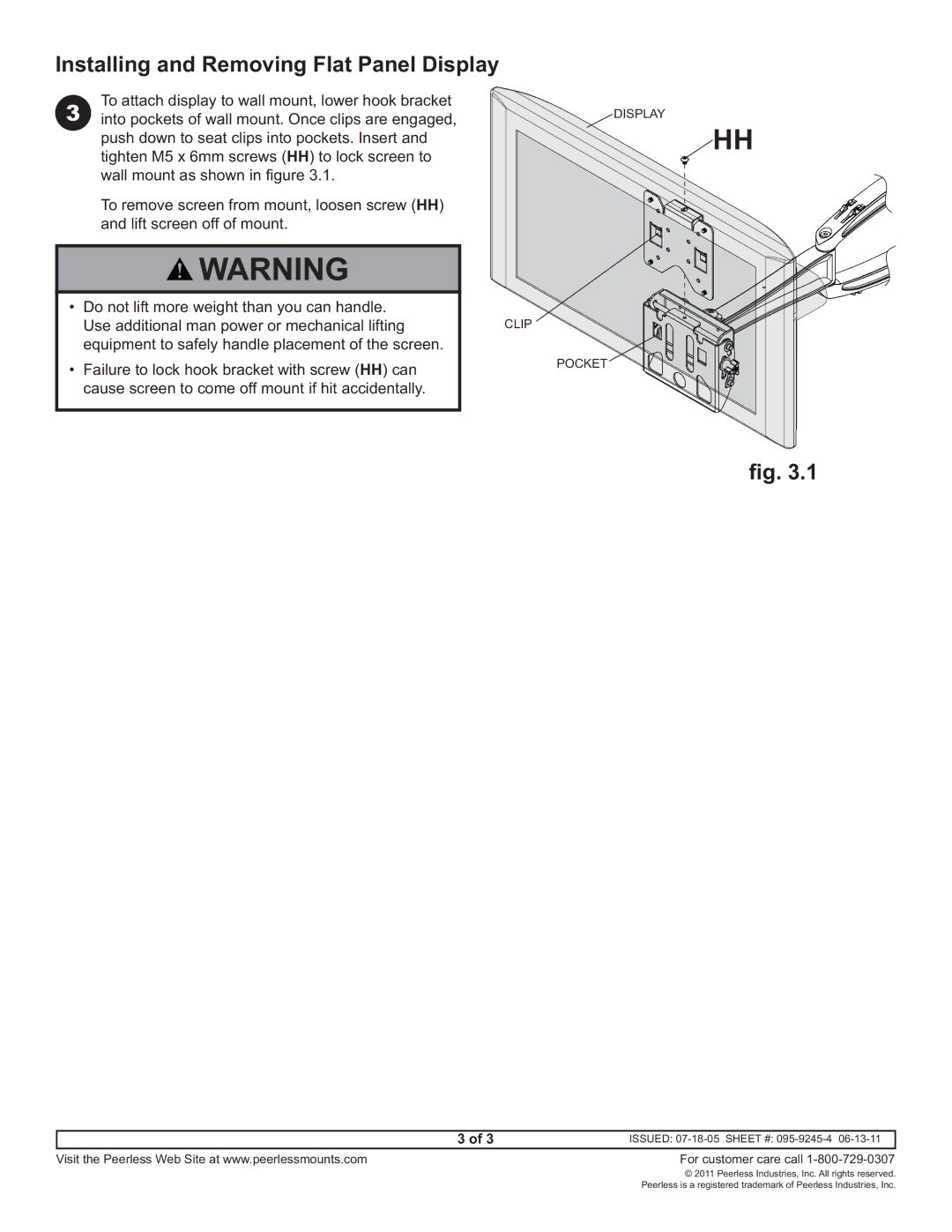 Peerless Industries ACC919 instruction sheet Installing and Removing Flat Panel Display, Display Clip Pocket 