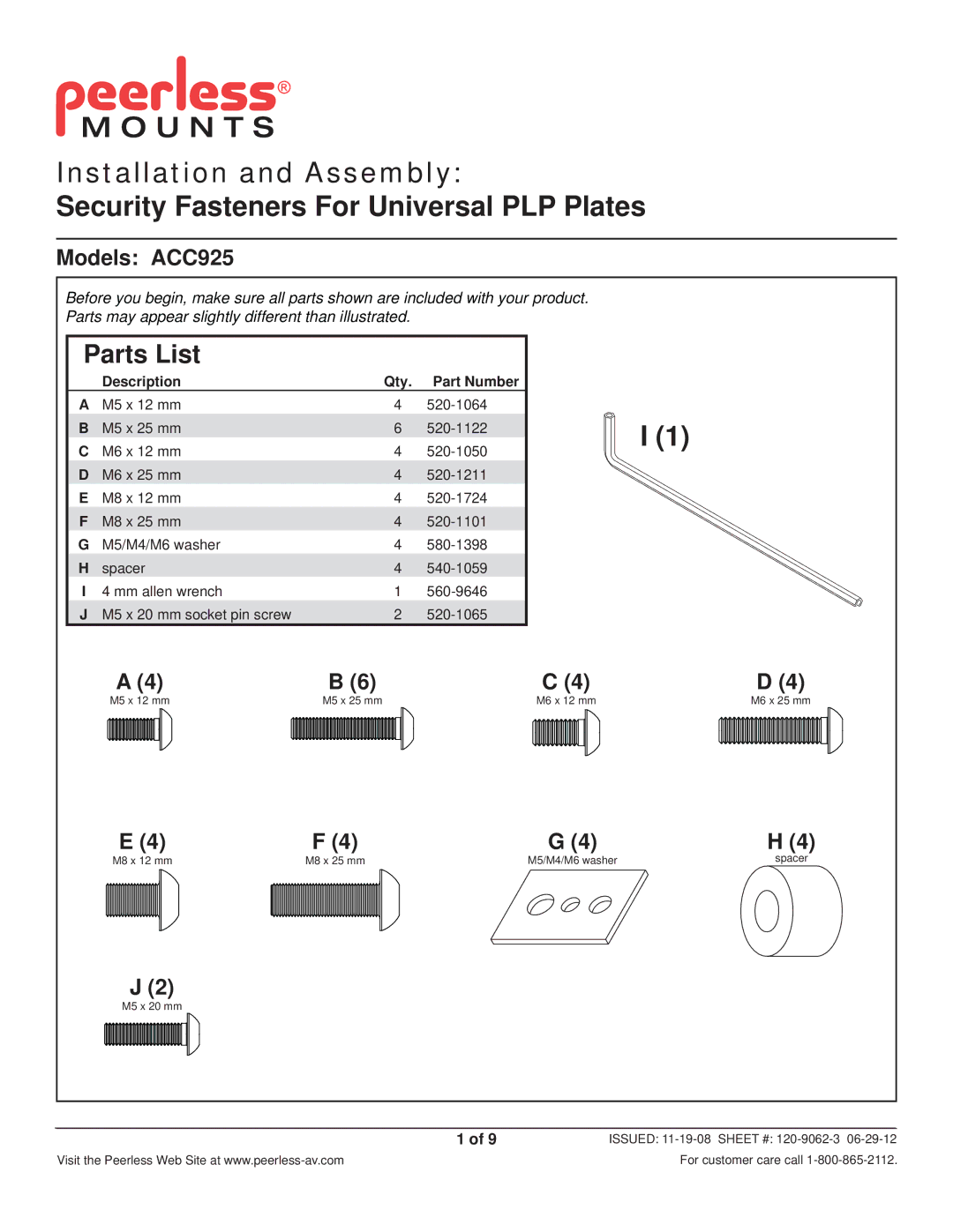 Peerless Industries manual Parts List, Models ACC925 