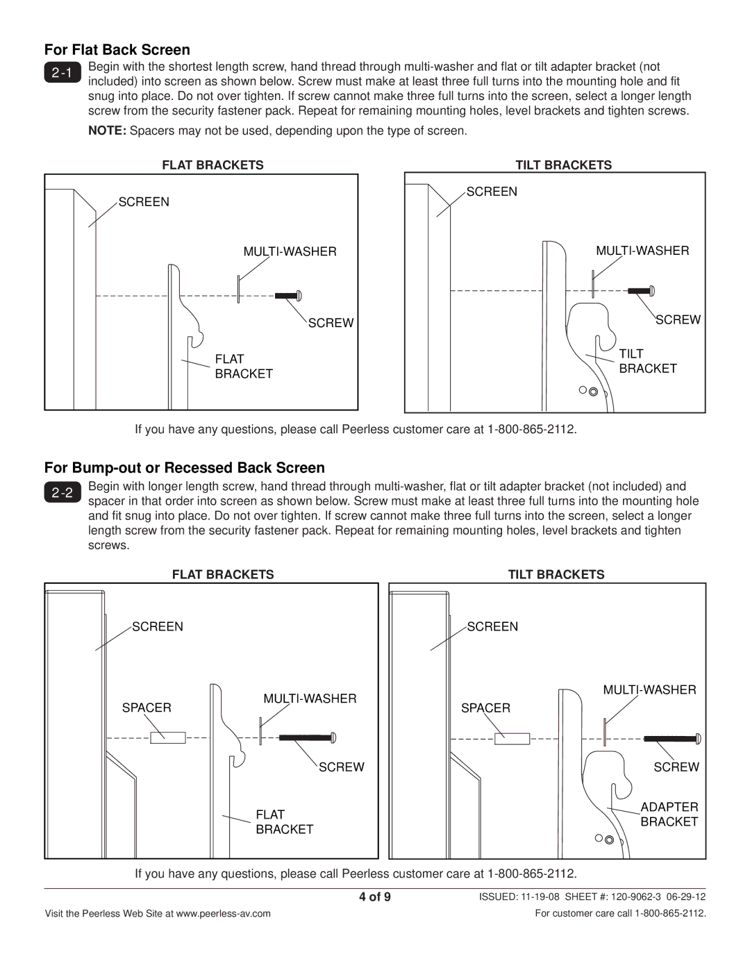 Peerless Industries ACC925 manual For Flat Back Screen 