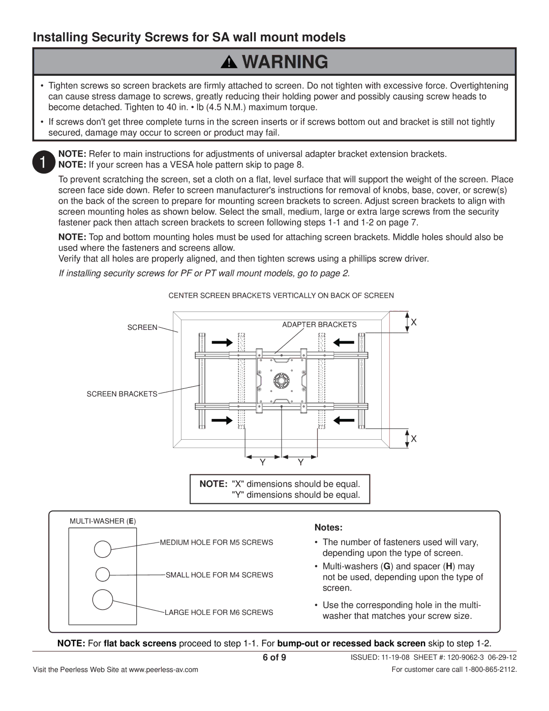 Peerless Industries ACC925 manual Installing Security Screws for SA wall mount models 