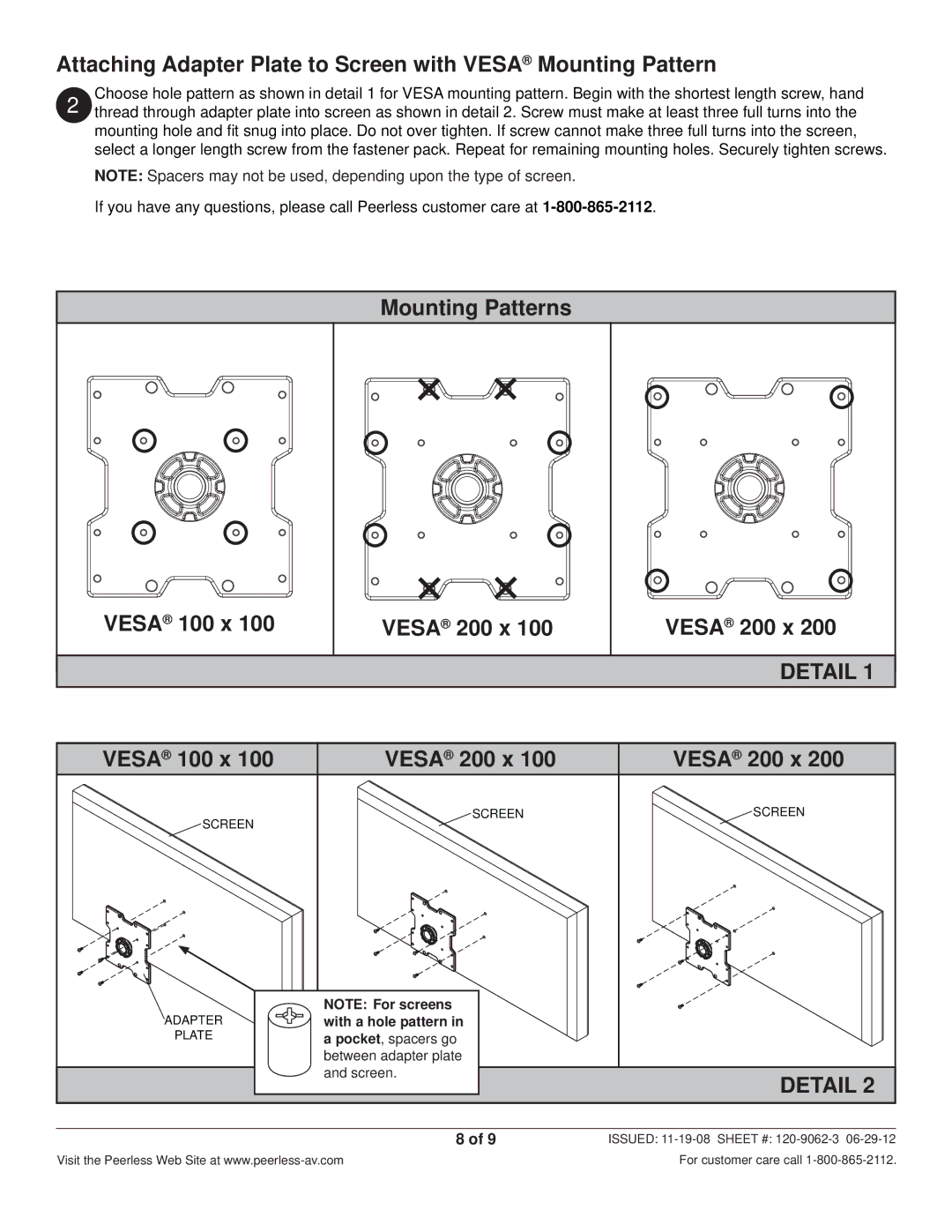 Peerless Industries ACC925 manual Mounting Patterns Vesa 100 x Vesa 200 x 