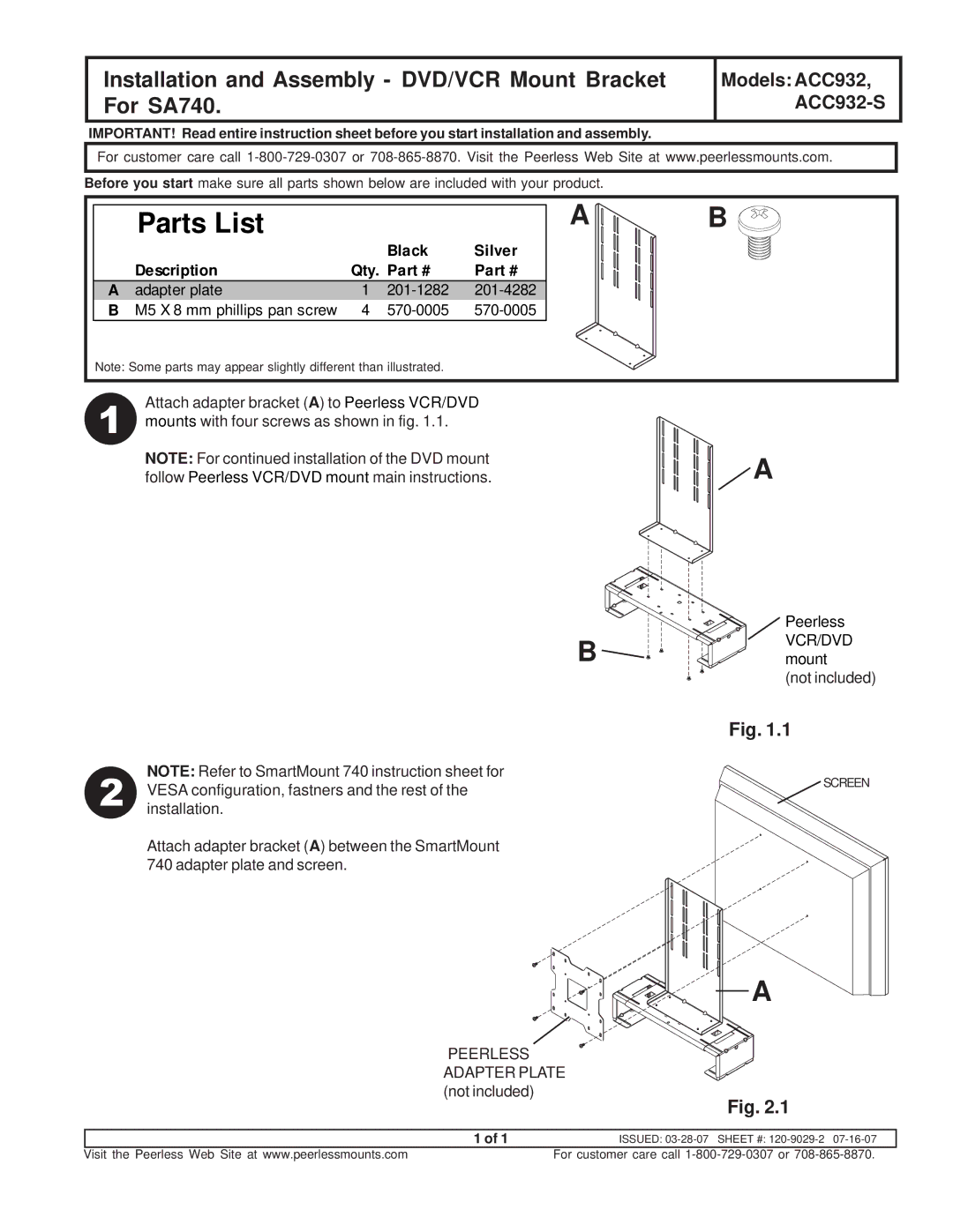 Peerless Industries ACC932 instruction sheet Parts List, Installation and Assembly DVD/VCR Mount Bracket For SA740 