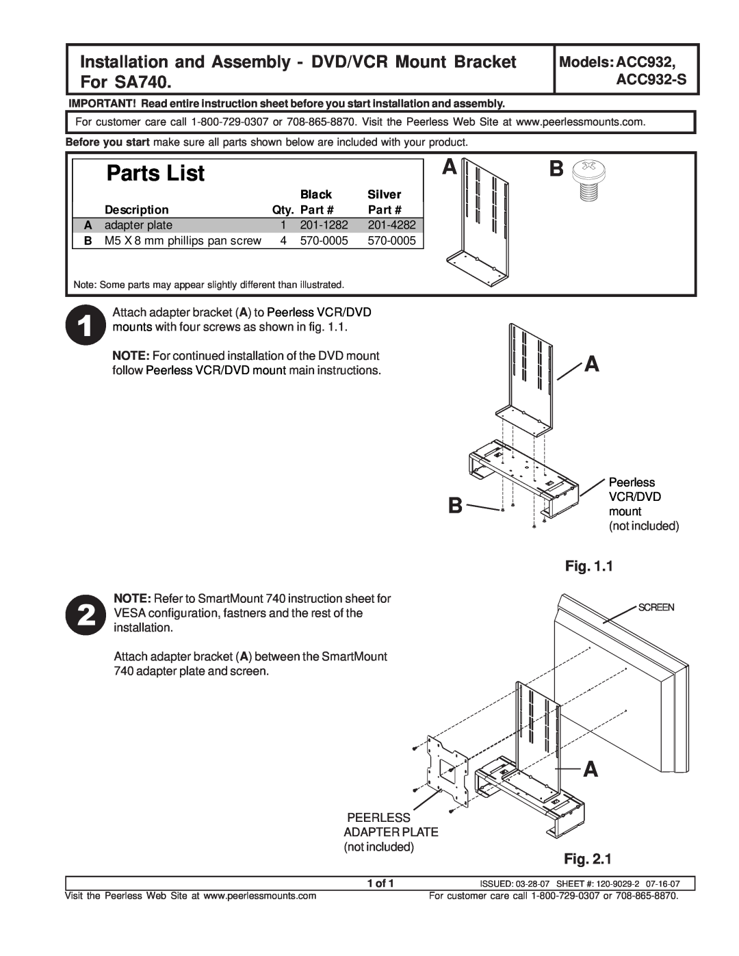 Peerless Industries ACC932 instruction sheet Parts List, Installation and Assembly - DVD/VCR Mount Bracket For SA740 