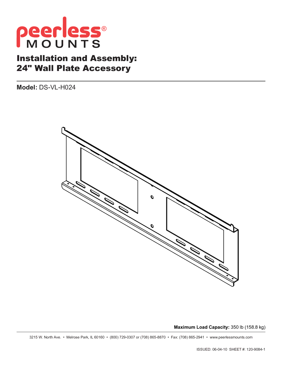 Peerless Industries DS-VL-H024 manual Installation and Assembly Wall Plate Accessory 