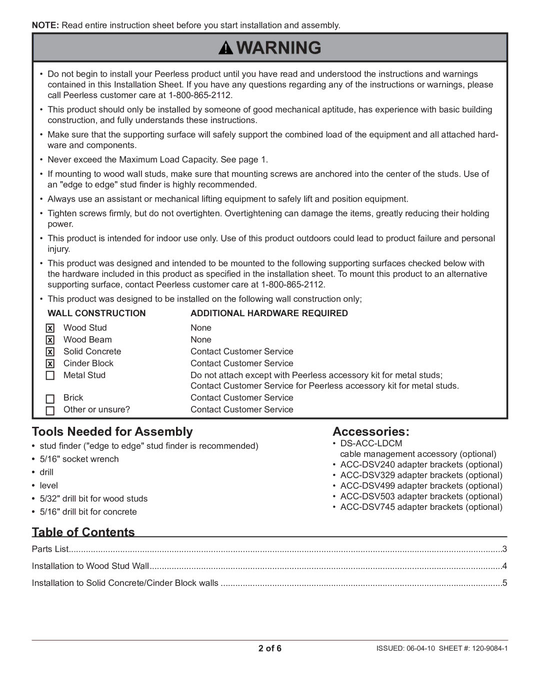 Peerless Industries DS-VL-H024 manual Tools Needed for Assembly, Accessories, Table of Contents 