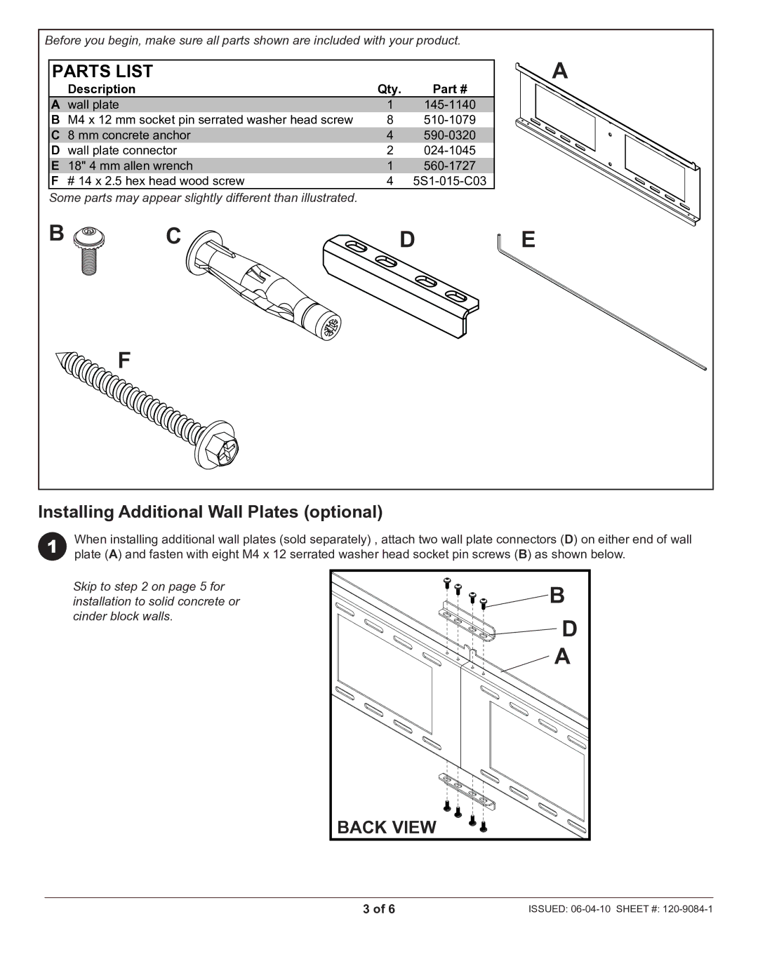 Peerless Industries DS-VL-H024 manual Installing Additional Wall Plates optional, Description Qty 