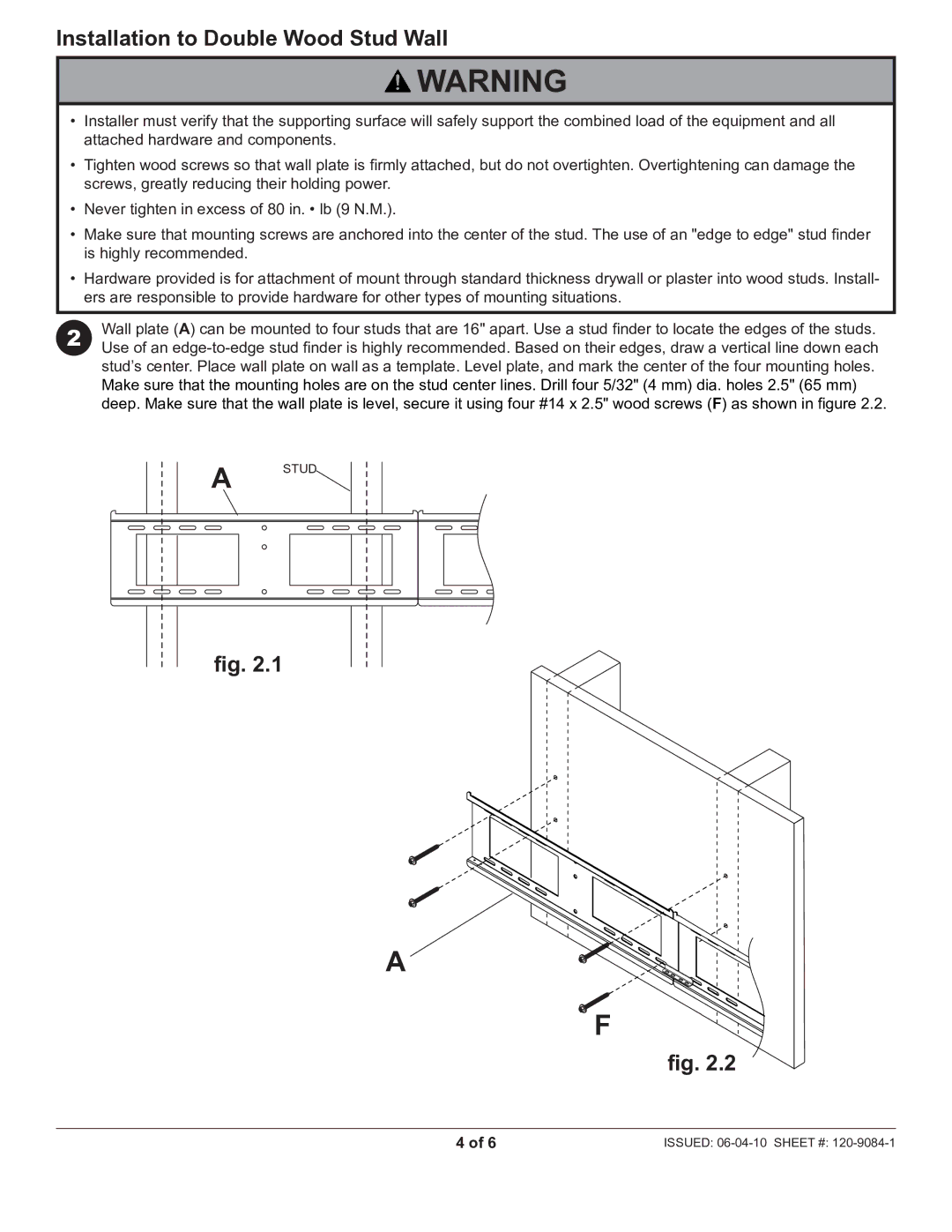 Peerless Industries DS-VL-H024 manual Installation to Double Wood Stud Wall 