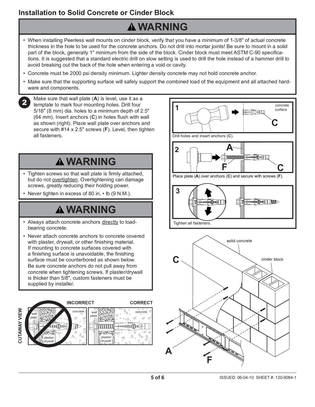 Peerless Industries DS-VL-H024 manual Installation to Solid Concrete or Cinder Block 