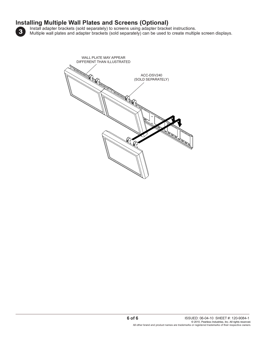 Peerless Industries DS-VL-H024 manual Installing Multiple Wall Plates and Screens Optional 