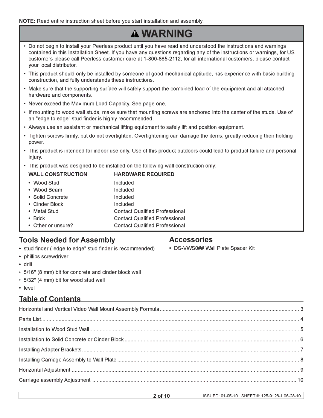 Peerless Industries DS-VW660 manual Tools Needed for Assembly, Accessories, Table of Contents 