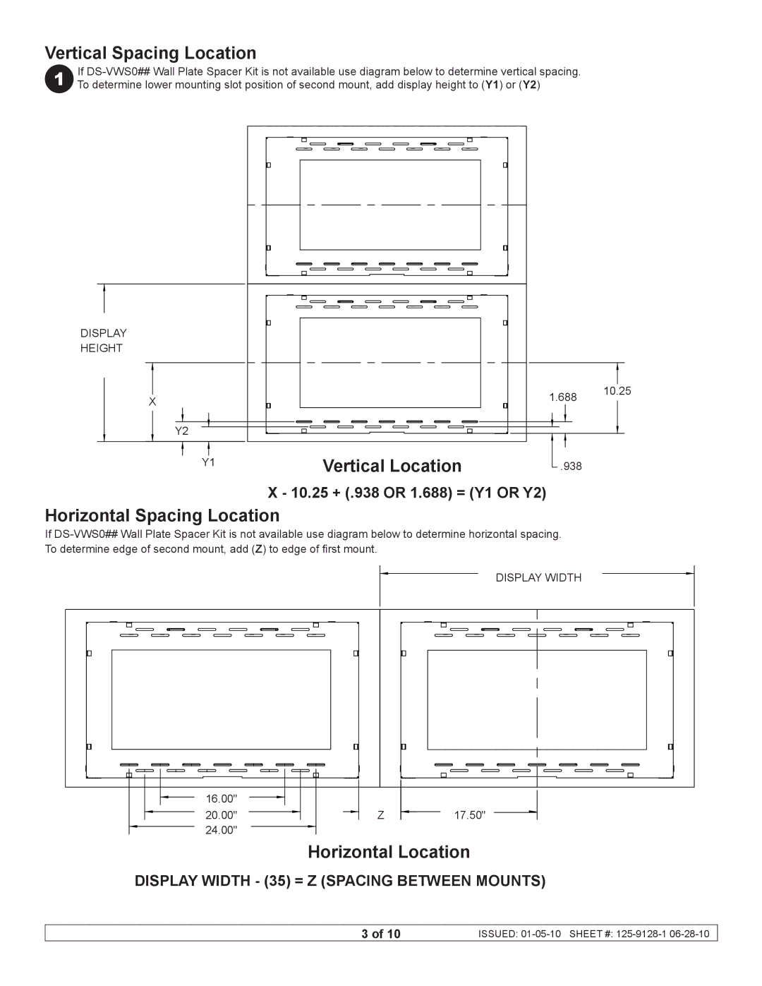 Peerless Industries DS-VW660 manual Vertical Spacing Location, Vertical Location, Horizontal Spacing Location 